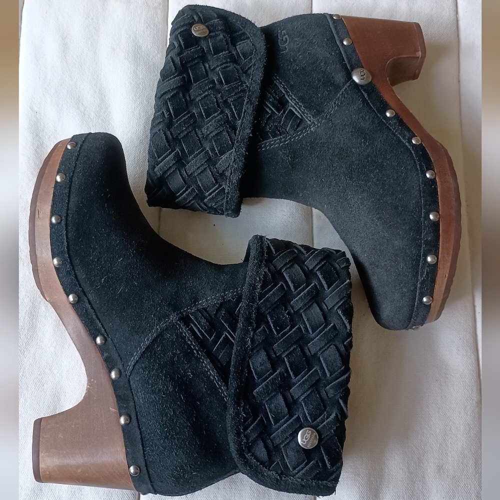 UGG Elegant Black Suede Leather With Sheepskin Women's Clog Wooden Sole Boots_7 - Picture 5 of 10